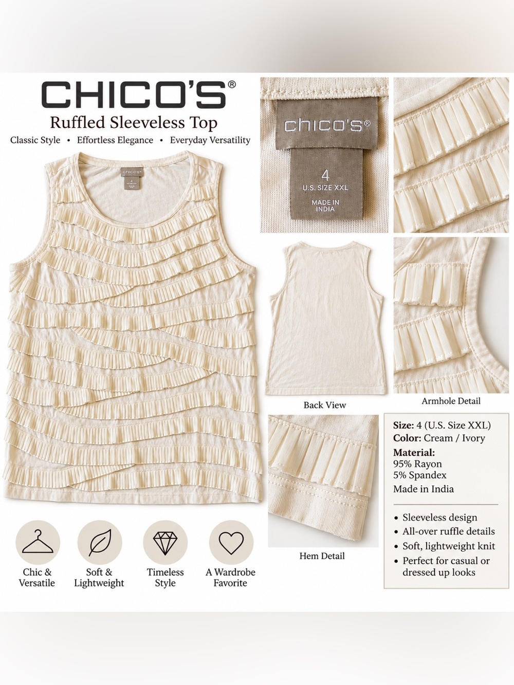 Chico's Cream/Ivory Ruffled Sleeveless Tank